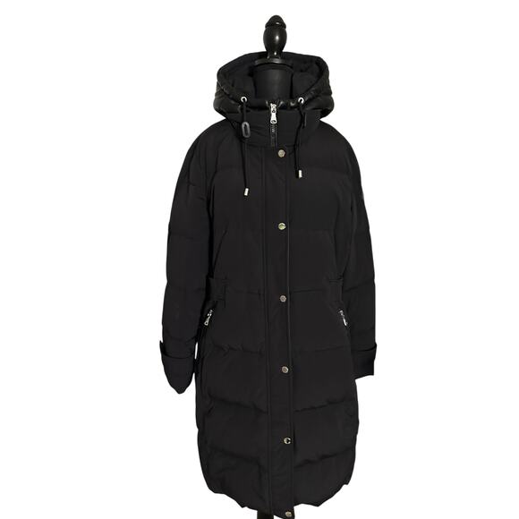 Vince Camuto Women Hooded Faux-Leather-Trim Down Puffer Coat Nylon Black - Picture 1 of 6
